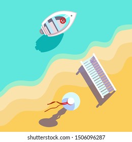 young slender lady in white hat with red ribbons walks along the beach to pontoon. A white small boat floats on crystalline blue water on a bright hot summer day - flat vector illustration