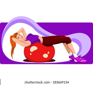 The young slender red-haired girl does abdominal crunches. Sport, fitness, slenderness. Set Morning exercise