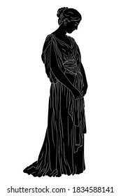 A young slender woman in an ancient Greek tunic stands with her head down. Silhouette isolated on a white background.