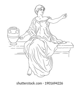 A young slender woman in an ancient Greek tunic sits on a stone parapet next to a jug of wine and gestures. Figure isolated on white background.