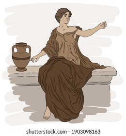 A young slender woman in an ancient Greek tunic sits on a stone parapet next to a jug of wine and gestures.