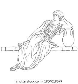 A young slender woman in an ancient Greek tunic sits on a stone parapet next to a jug of wine. Figure isolated on white background.