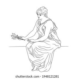 A young slender woman in an ancient Greek tunic sits on a stone parapet and holds a laurel branch in her hand. Figure isolated on white background.