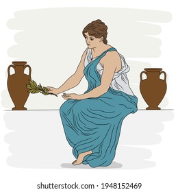 A young slender woman in an ancient Greek tunic sits on a stone parapet and holds a laurel branch in her hand. Figure isolated on white background.