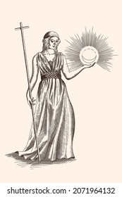 A young slender woman with a cross and a moon in her hands. Medieval style engraving.