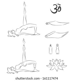 The young slender woman does exercises. Vector monochrome cartoon picture./Yoga set