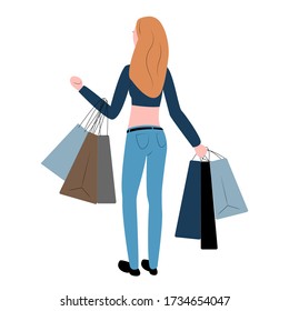 Young slender woman makes purchases in a shopping center, in the hands of a lot of packages and bags with closes, measured back, isolated on white backgrond