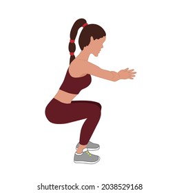 A young slender woman performs a squat. Exercises for the legs and buttocks. Vector illustration of an athlete in a sports uniform.