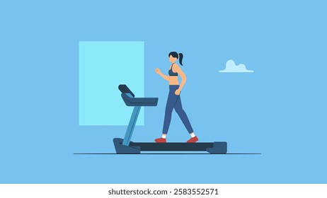 A young slender woman running on a treadmill in a fitness center or gym isolated background.