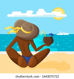 A young slender woman in a wide-brimmed hat sits on the sandy beach with her back to the viewer with a coconut cocktail in her hand. Topless. Yacht sailing. The Shine of the water. Cartoon flat style