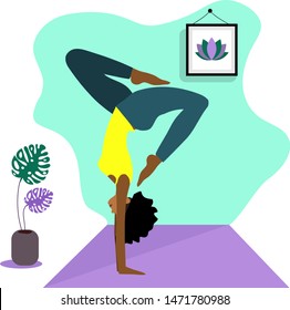 Young slim african girl doing sport,yoga,fitness,gymnastics,stretching in the trendy interior room. Vector flat illustration. Graceful, elegant, advanced balance yoga pose, position.