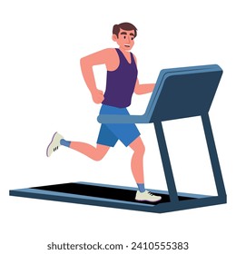 Young slim athletic man running on treadmill, flat cartoon vector illustration isolated on white background. Cardio sport workout and training on treadmill.