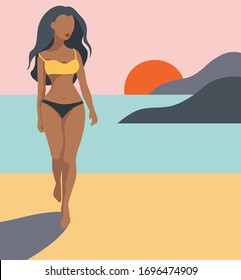 una joven mujer delgada y atractiva de cabello marrón en bikini negro y amarillo caminando en la playa con el mar, algunas montañas y puesta de sol detrás - ilustración plana vectorial 