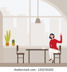 Young slim beautiful girl sits on a high bar stool in a cafe with stunning panoramic views of Barcelona. Siesta break with a cup of fragrant cappuccino. Young smiling woman sitting in cafe. Vector