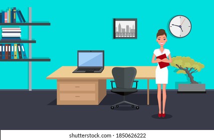 Young slim beautiful smiling business lady, secretary or high-level manager in white strom dress, high heels, with red folder. Office modern office with equipment: laptop, comfortable swivel chair