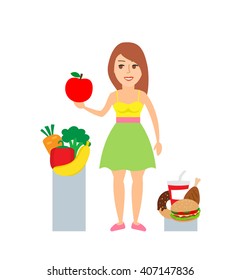 young slim beautiful woman with healthy food and fast food isolated on white background