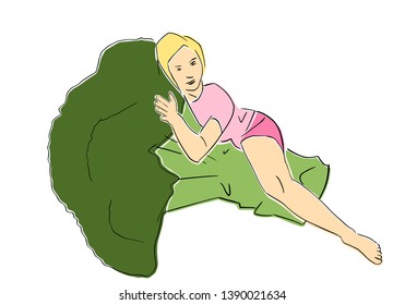 Young slim blonde lying on broccoli. Healthy food and diet symbol. Colorful fun drawing. Flat vector illustration. Design element for healthy lifestyle. Isolated black contour and colors.