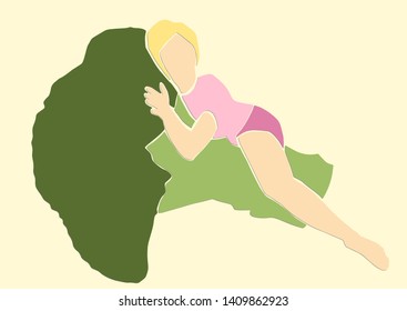 Young slim blonde lying on broccoli. Healthy food and diet symbol. Applique or paper cut style. Colorful vector illustration.