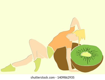 Young slim blonde lying on kiwi. Healthy food and lifestyle symbol. Applique or paper cut style. Colorful vector illustration.