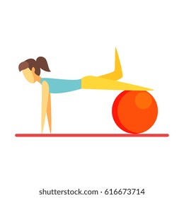 Young slim brunette woman exercising with an orange fitball. Colorful cartoon character