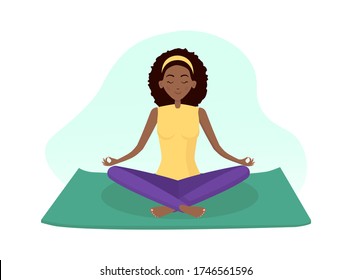 Young slim dark-skinned girl meditates alone sitting on a yoga mat in Lotus position isolated editable illustration