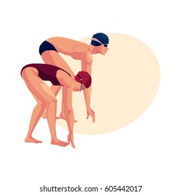 Young and slim female and male swimmers in starting position, ready do dive and swim, cartoon vector illustration with place for text.