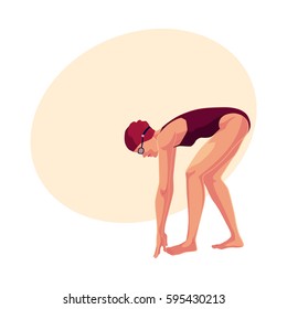 Young and slim female swimmer in starting position, ready to dive and swim, cartoon vector illustration with place for text. 