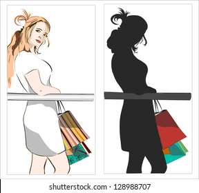 Young slim girl in a dress with shopping.