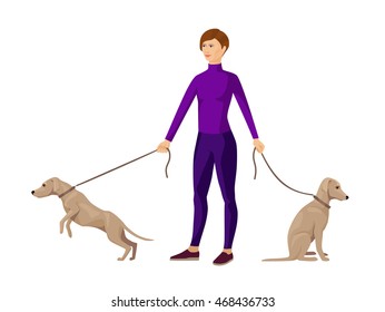 young slim girl keeping two dogs on leads