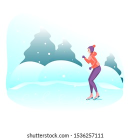 Young slim girl riding on the rink. Winter outdoor activities.