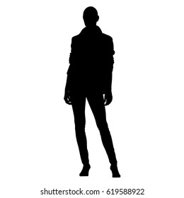 Young slim girl standing, vector silhouette