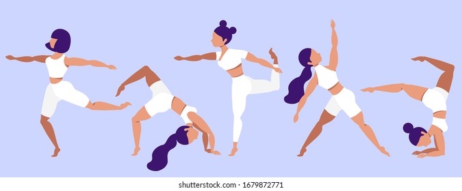 Young slim girls doing yoga. Physical exercises outdoors and indoors. Set of women doing sports. Modern isolated infographics. Variety of yoga positions. Female yoga. 
