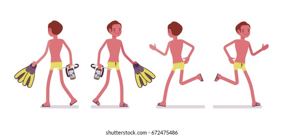 Young slim man with flippers and mask, in swimming trunks, tanned complexion, enjoying holiday, walking, running. Front, rear view. Vector flat style cartoon illustration, isolated, white background