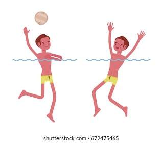 Young slim man playing water polo, swimming trunks, tanned complexion, enjoying summer activity, splashing in the water, having fun. Vector flat style cartoon illustration, isolated, white background