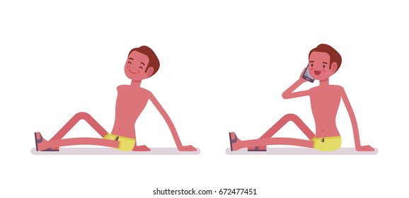 Young slim man in swimming trunks, tanned complexion, enjoying summer beach resort, sitting napping in sun, bathing, phone talking. Vector flat style cartoon illustration, isolated, white background
