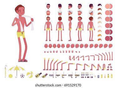 Young slim man in swimming trunks, tanned complexion. Character creation set. Full length, different views, emotions and gestures. Build your own design. Vector illustration