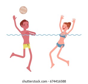 Young slim man, woman playing water polo, swimming wear, tanned complexion, enjoying summer activity, splashing in water, having fun. Vector flat style cartoon illustration, isolated, white background