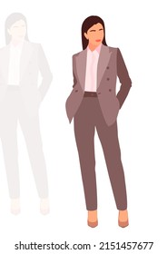 Young slim stylish girl in fashionable suit standing. Isometric flat style.
