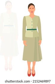 Young slim stylish girl in fashionable suit standing. Isometric flat style.