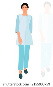 Young slim stylish girl in fashionable suit standing. Adult grown model. Isometric flat style.