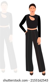 Young slim stylish girl in fashionable suit standing. Adult grown model. Isometric flat style.