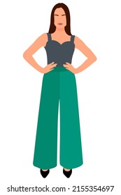 Young slim stylish girl in fashionable suit standing. Adult grown model. Isometric flat style.