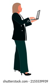 Young slim stylish girl in fashionable suit standing. Adult grown model. Isometric flat style.