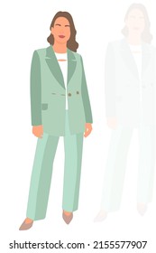 Young slim stylish girl in fashionable suit standing. Adult grown model. Isometric flat style.
