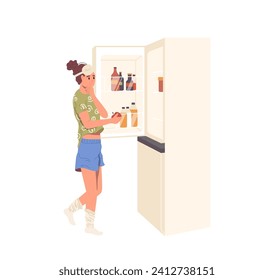 Caricatura de una joven mujer delgada eligiendo un bocadillo saludable mirando el refrigerador de la cocina abierta