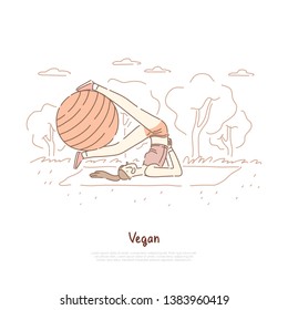 Young slim woman doing exercise with ball, outdoor yoga, pilates exercise, fresh air workout, vegetarian diet banner