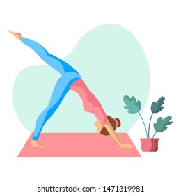 Young slim woman doing yoga on mat, girl is in yoga pose doing exercise and meditation. Female character in flat style. Isolated figure on white background, vector illustration