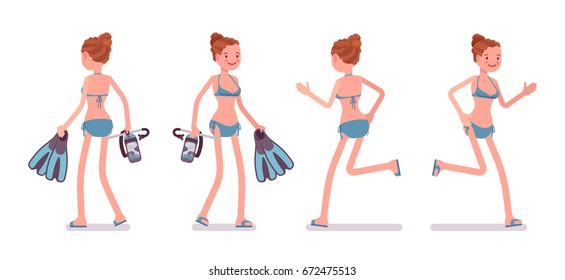 Young slim woman with flippers and mask, in swimming bikini, tanned complexion, enjoying holiday, walking, running. Front, rear view. Vector flat style cartoon illustration, isolated, white background