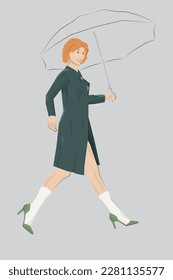 Young slim woman with red-haired fringed hairstyle wears a trench coat, high heels and socks, protects herself from rain with an umbrella and hops over something.