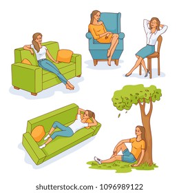 Young slim woman resting set. Female characters lying, sitting at sofa, armchair and chair, and under tree outdoors having rest, relaxing. Sketch pretty girls resting. Vector isolated illustration